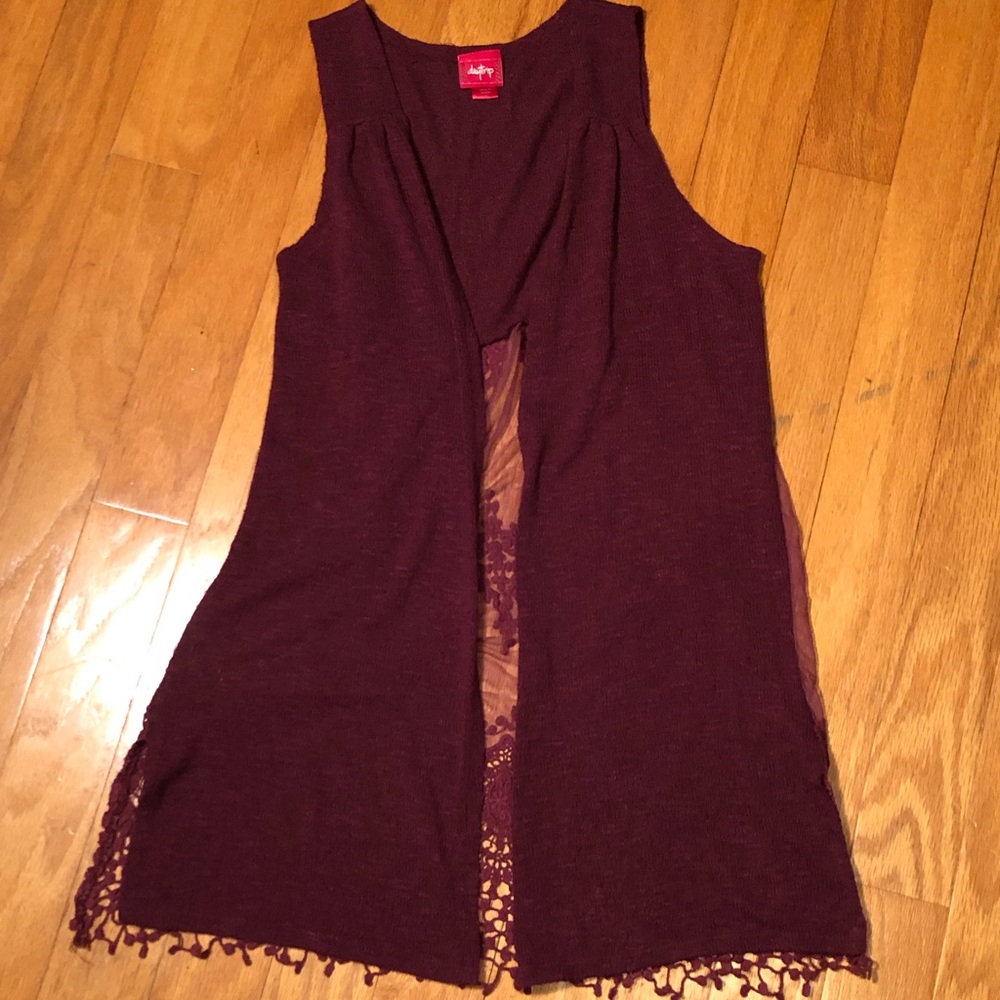 Long Burgundy Vest with Lace Panel